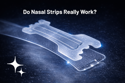 A nasal Strip clear, made with PE material with the blog title: Do Nasal Strips Really Work?